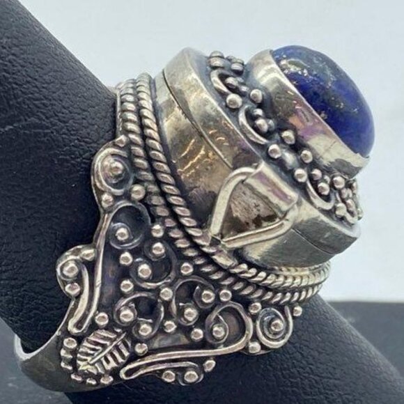 Vintage .925 Sterling Silver Lapis Poison Pill Ring – Size 6.75, 11.60g. - Picture 5 of 6